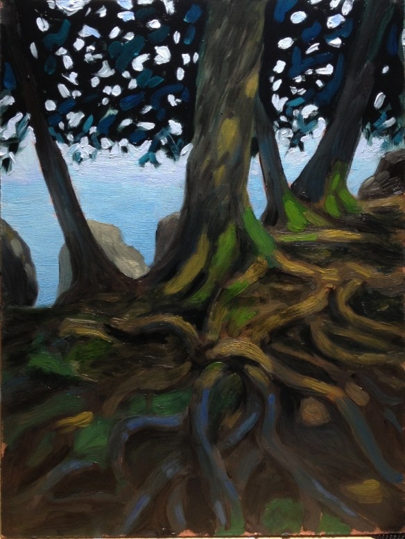 Walking around Jordan Pond.  Oil on board. 9"x12" Painted from a photograph