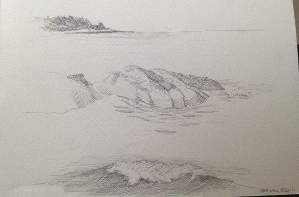 Graphite studies of the rocks, waves, and vistas of Seawall beach.  5"x7" 2013