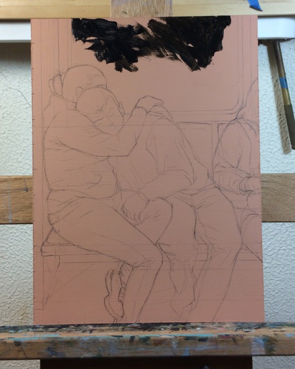 I start on a pinkish background with a careful drawing.  And then slowly build the underpainting up from there. 