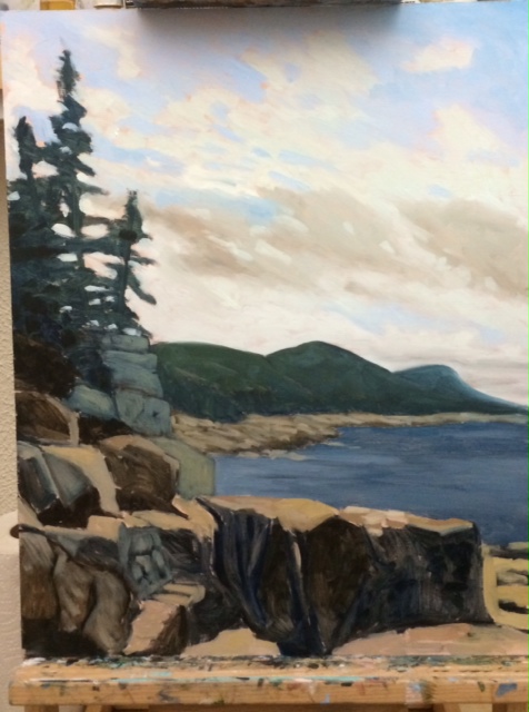 Step One: Drawing and blocking in.  I spent almost as much time on this step alone as I had on the entire sketch above. I focused on the subtleties of the shapes of the hills, noting that they weren't just symmetrical bell curves rising from the rocks. 