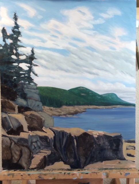 Step 2. I solidified the hills and pushed them backwards with cooler blues & greens.  I also "fixed" the sky... which was my biggest regret. 