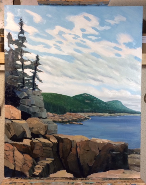 Step 3.  More work on the hills and a great amount of focus on solidifying the rocks in the foreground.  I also continued to fuck up the sky...