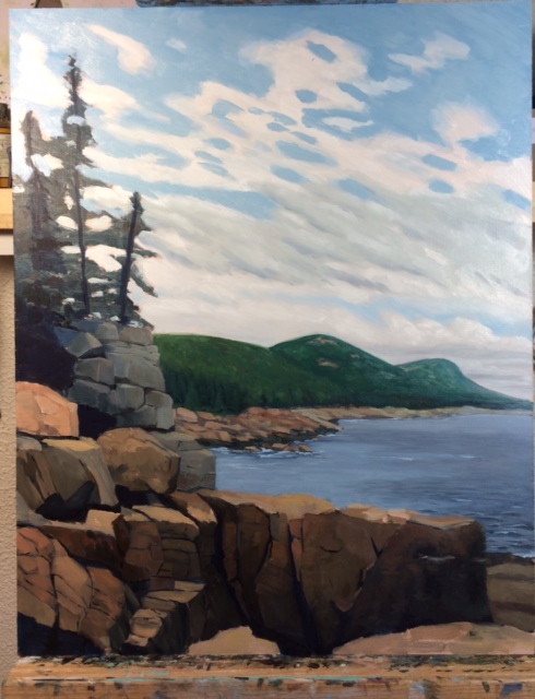 Step 4. I reworked the water, which had been a little flat and a little too blue.  I added some texture and depth to the shore as it receded. 