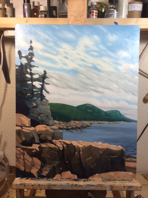 Step 5. I finally got the sky somewhere manageable - although not nearly as beautiful and soft as the initial blocking...I also brought in the highlights on the rocks in the foreground. 